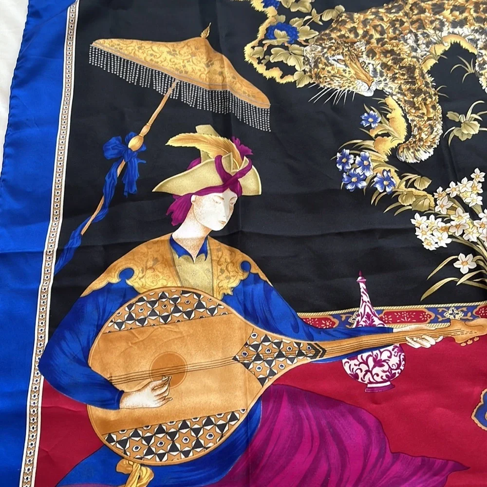 SALVATORE FERRAGAMO VINTAGE Silk Scarf Tigers Chinoiserie Asian Designer WOW!